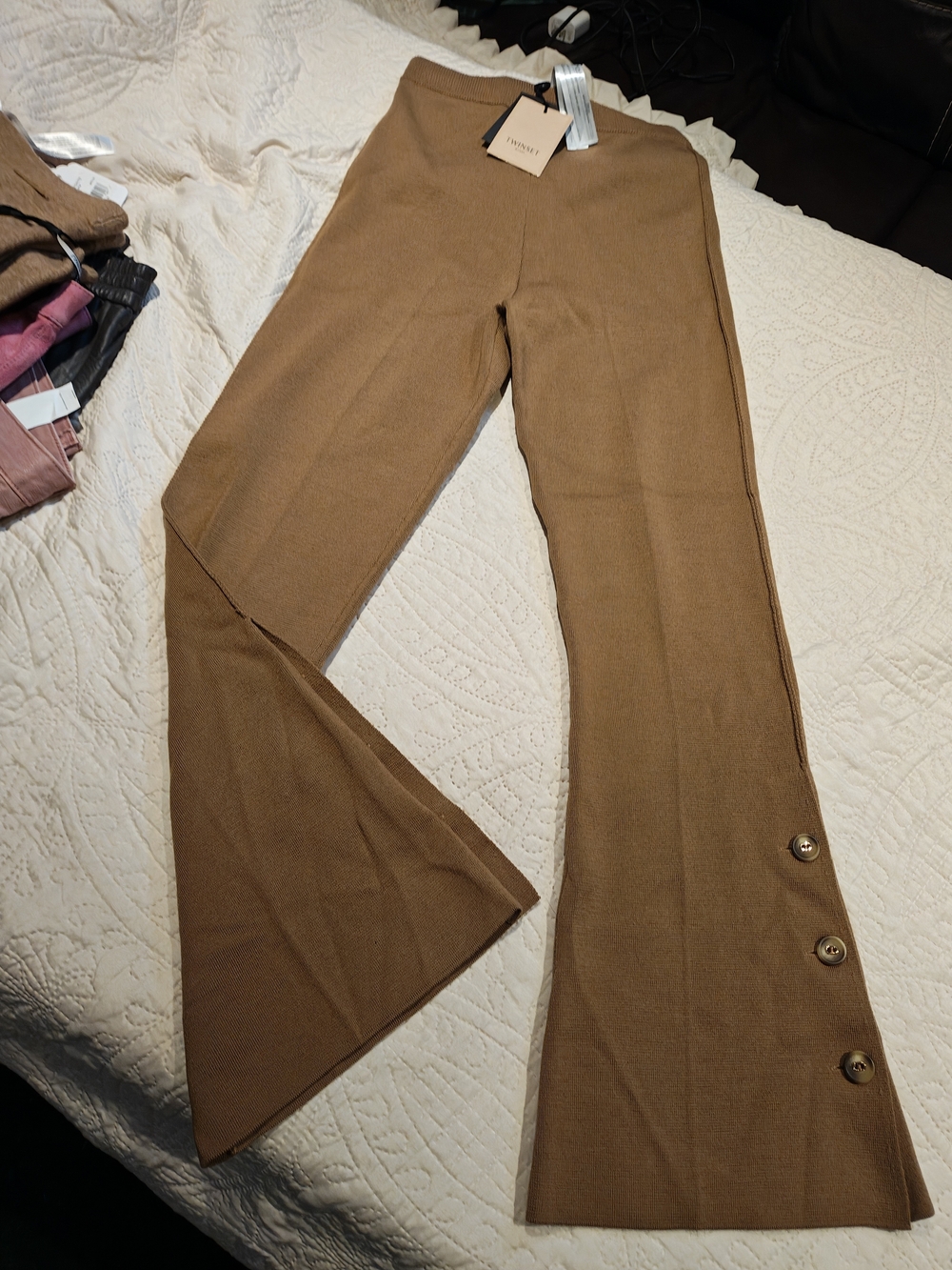 Twin-Set Camel Knit Flare Pants with Button Detail Size 4. 100% Wool.